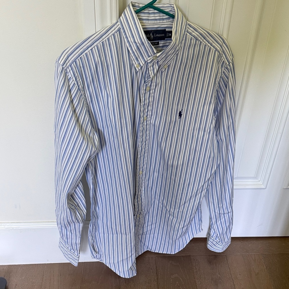 Ralph Lauren Men's White and Blue Striped Button Down Shirt
